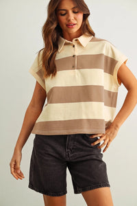 A soft taupe and cream wide striped short sleeve polo shirt with sleeveless design and horizontal stripes