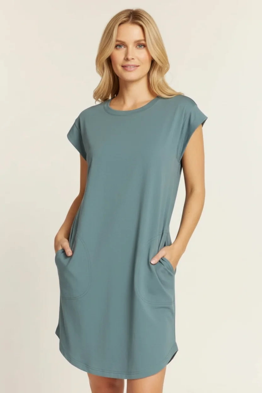 Thread & Supply Evelyn sleeveless shift dress in soft teal with side pockets