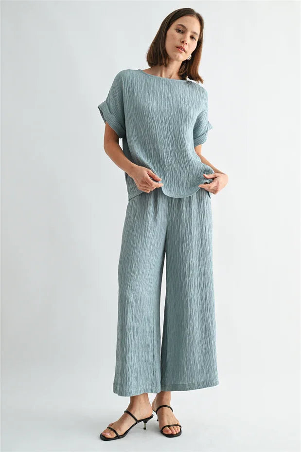 Texture dolman sleeve woven sage green linen top and trousers