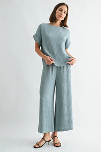 Texture dolman sleeve woven sage green linen top and trousers