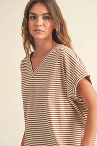 A soft striped pattern short sleeve top with v-neck and beige and brown horizontal stripes for casual wear