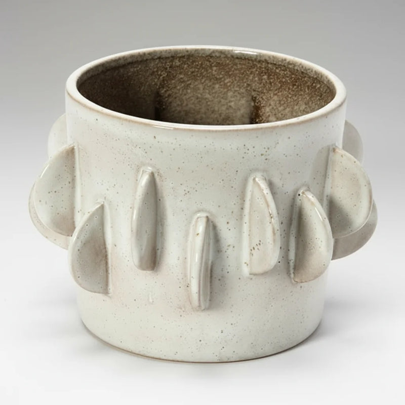 Handmade stoneware planter in antique white reactive glaze with ridges and handles