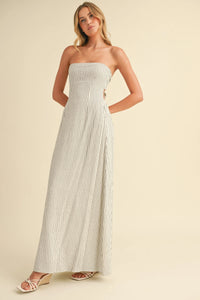 Cream and navy blue vertical striped tie strapless maxi dress with a long back tie detail and floor-length design