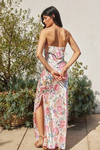 Strapless bias cut floral maxi dress in pink roses on cream satin