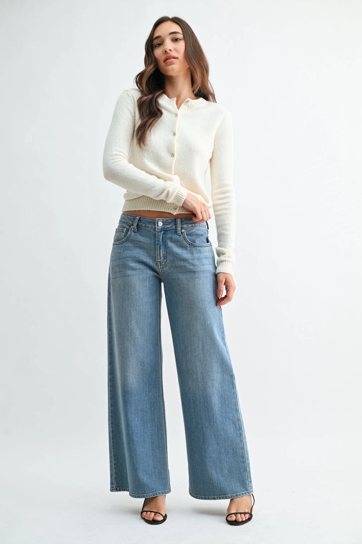 STRETCH MID RISE PALAZZO DENIM