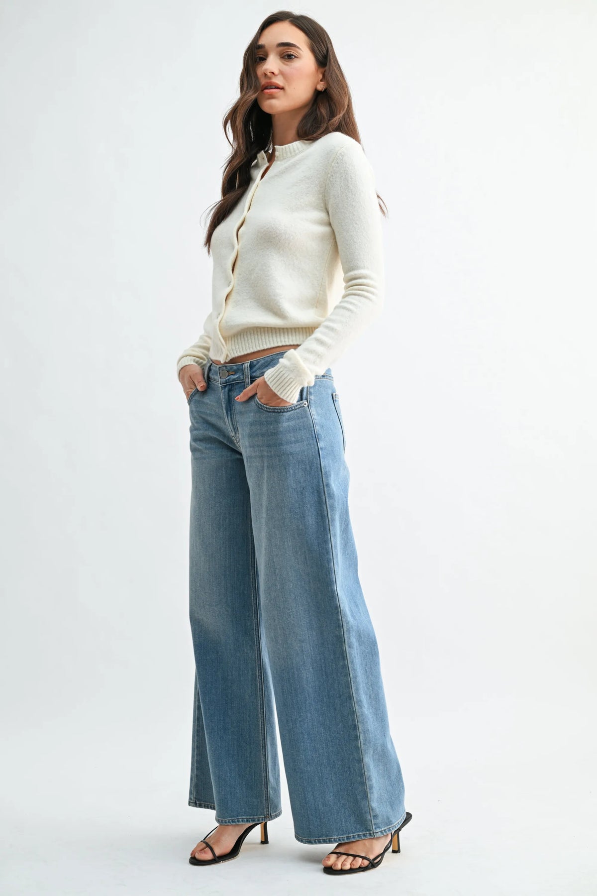 STRETCH MID RISE PALAZZO DENIM
