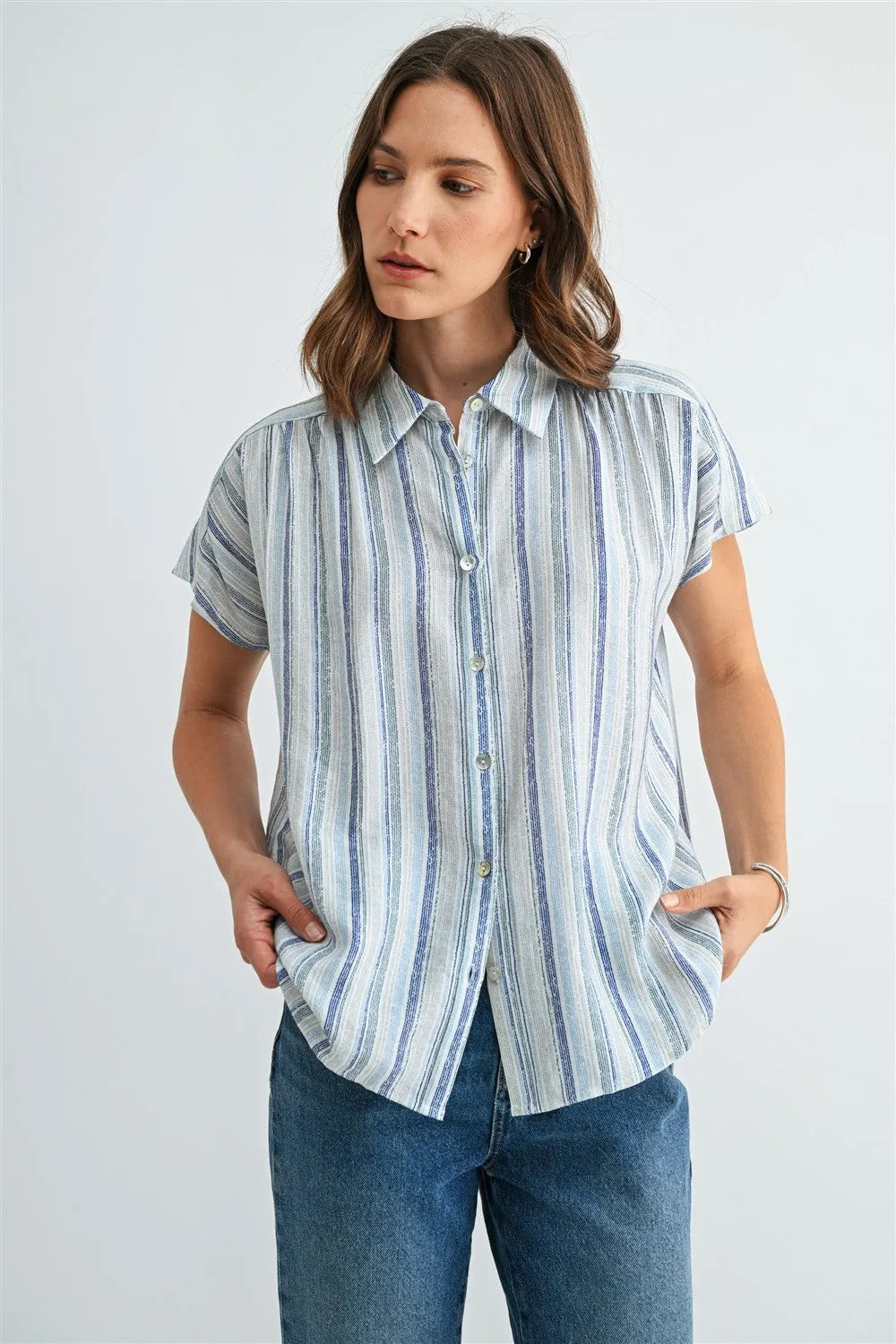 STRIPE DOLMAN SLEEVE BUTTON DOWN SHIRT