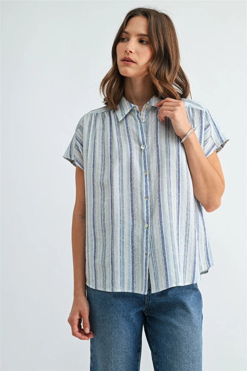 STRIPE DOLMAN SLEEVE BUTTON DOWN SHIRT