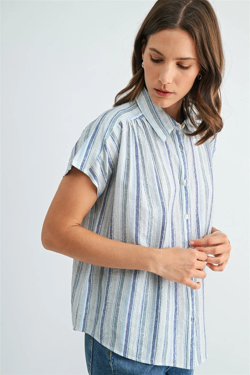 STRIPE DOLMAN SLEEVE BUTTON DOWN SHIRT