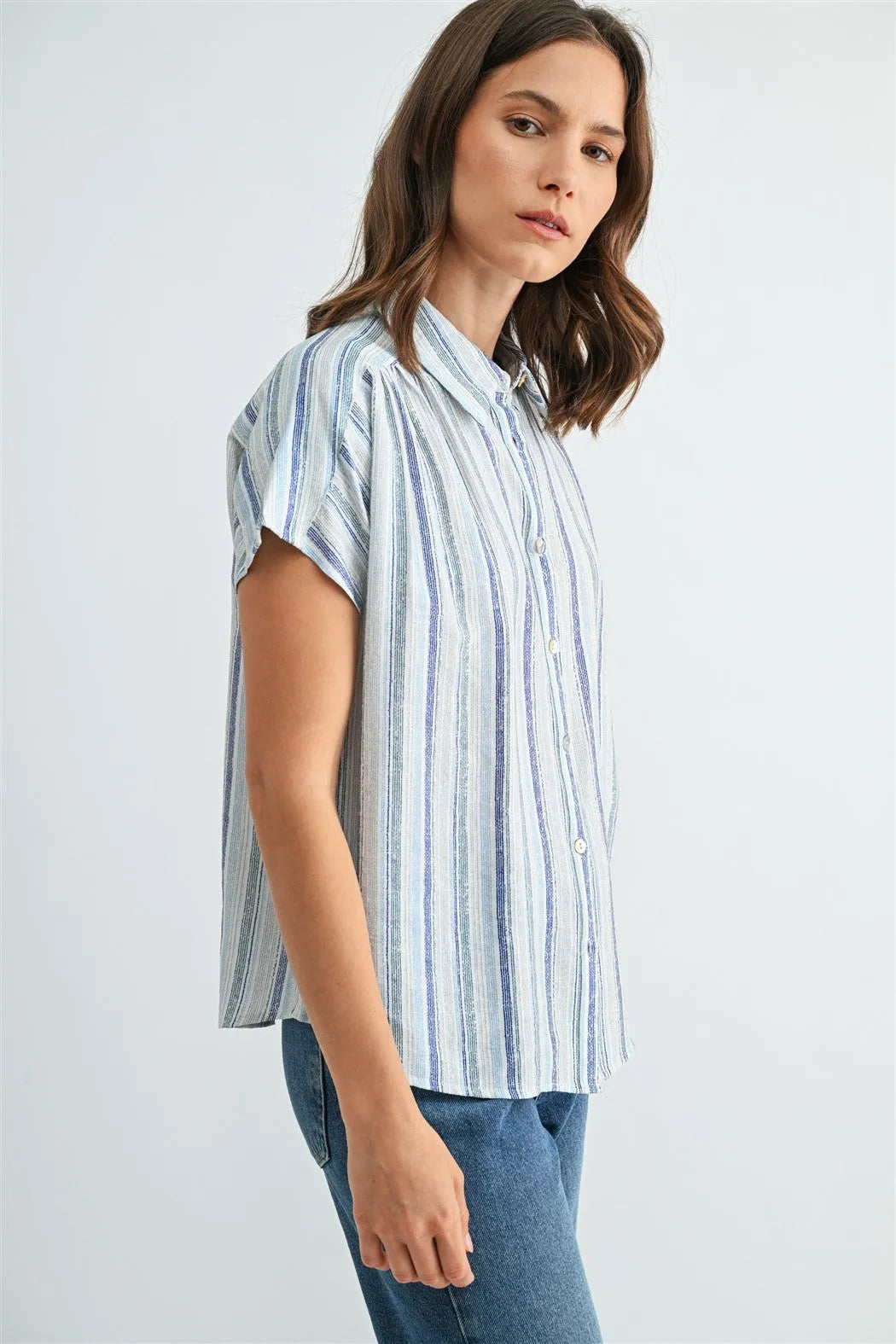 STRIPE DOLMAN SLEEVE BUTTON DOWN SHIRT