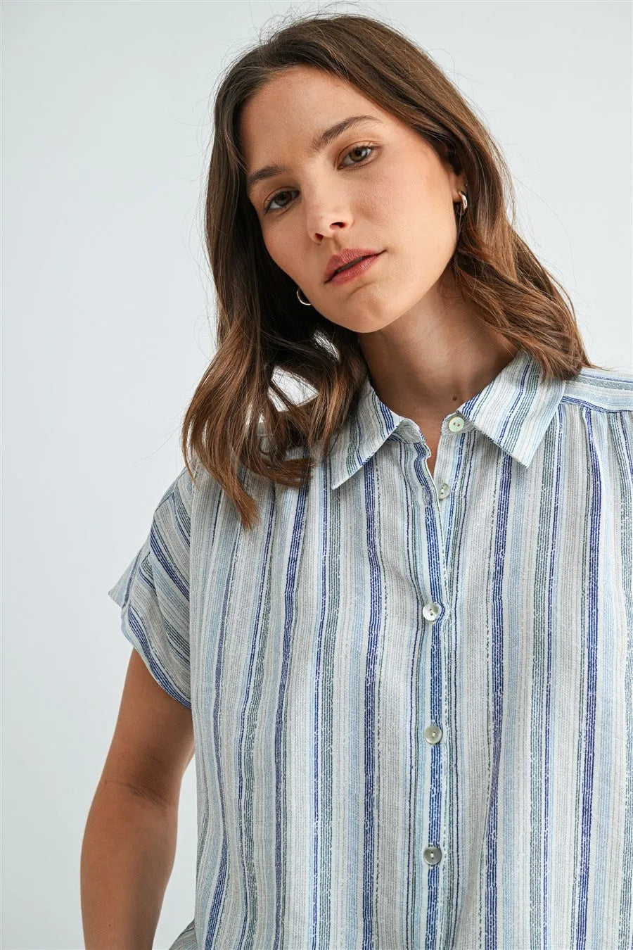 STRIPE DOLMAN SLEEVE BUTTON DOWN SHIRT
