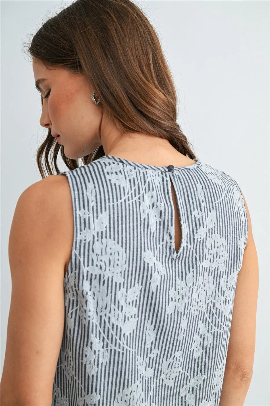 STRIPE FLORAL PRINT SLEEVELESS TOP