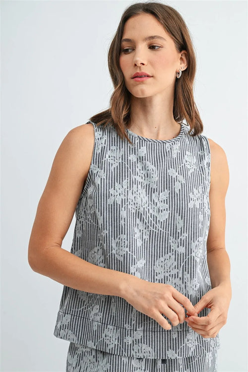 STRIPE FLORAL PRINT SLEEVELESS TOP