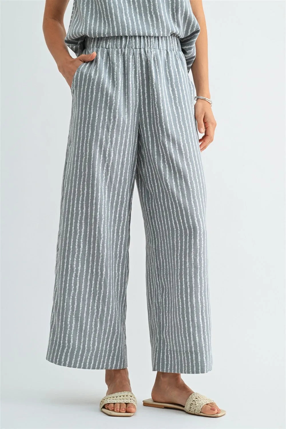 Light blue and white stripe straight leg elastic pants with wide-leg relaxed flowing fabric and comfortable fit