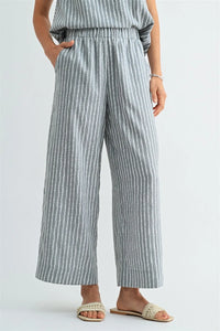Light blue and white stripe straight leg elastic pants with wide-leg relaxed flowing fabric and comfortable fit