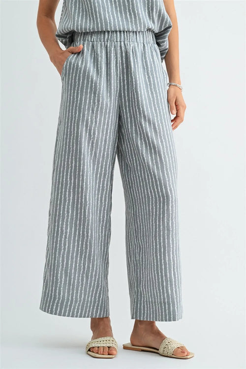 Light blue and white stripe straight leg elastic pants with wide-leg relaxed flowing fabric and comfortable fit