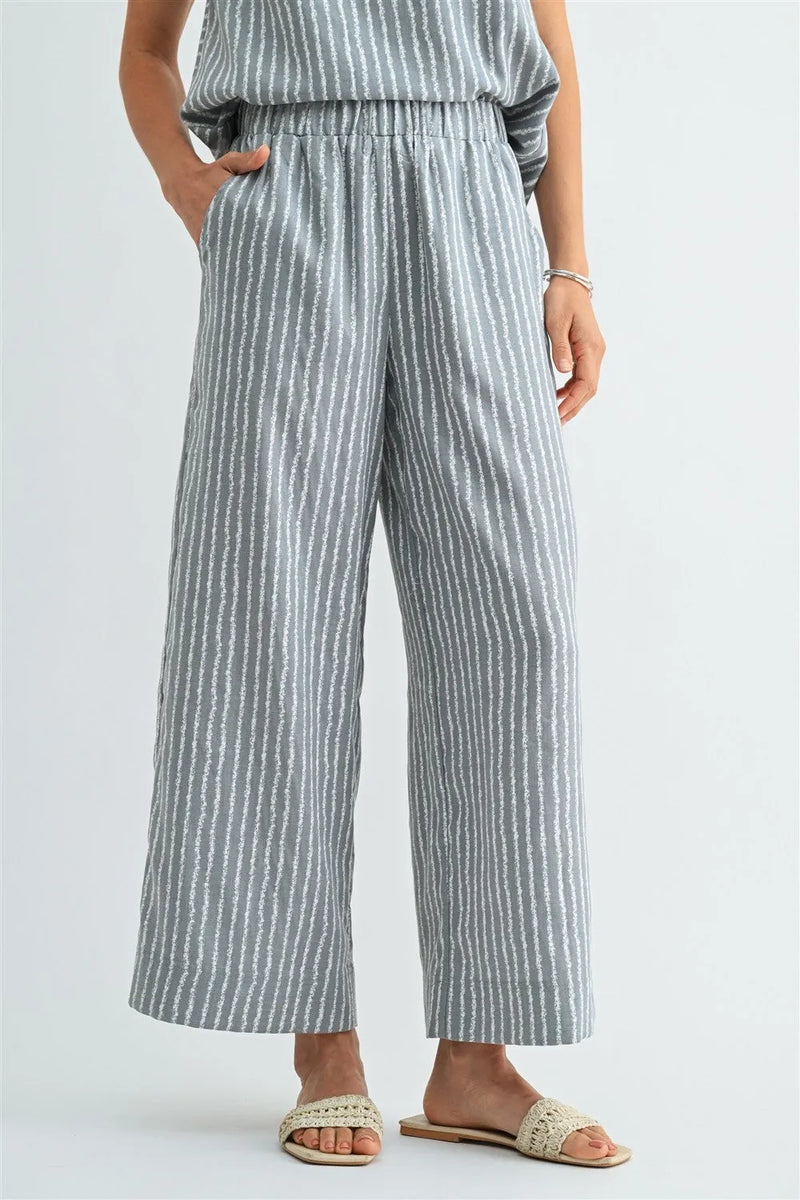 Light blue and white stripe straight leg elastic pants with wide-leg relaxed flowing fabric and comfortable fit