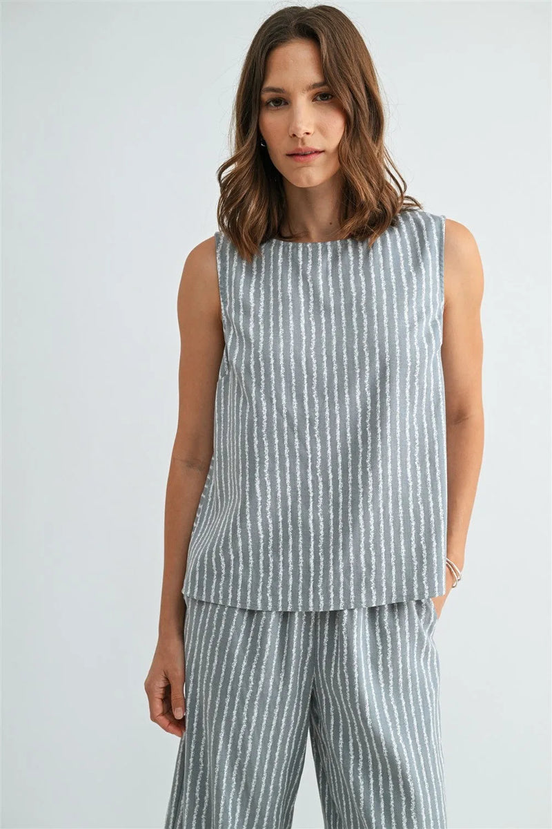 Light gray and white striped details sleeveless top with relaxed fit from shop daisy women’s boho chic clothing collection