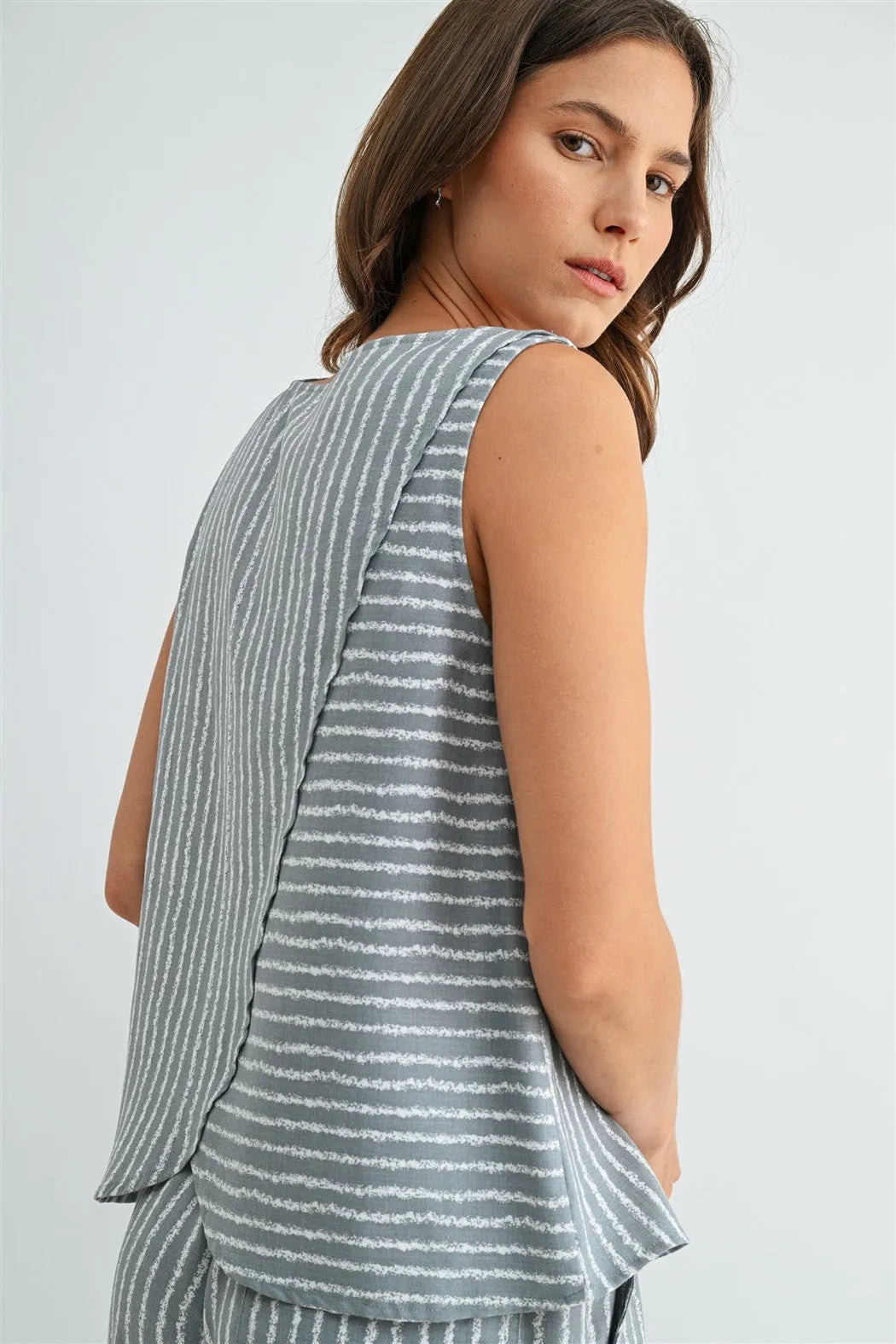 Gray and white striped details sleeveless top for women with a flowing asymmetrical back perfect for boho chic clothing