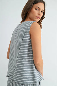 Gray and white striped details sleeveless top for women with a flowing asymmetrical back perfect for boho chic clothing