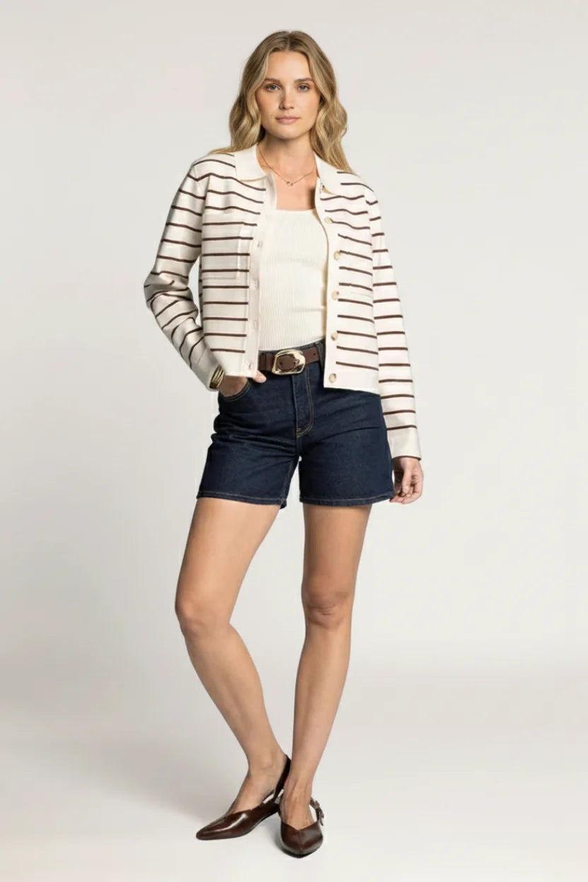 Thread And Supply classic striped knit cardigan jacket with black and off-white stripes