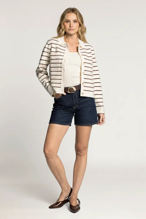 Thread And Supply classic striped knit cardigan jacket with black and off-white stripes