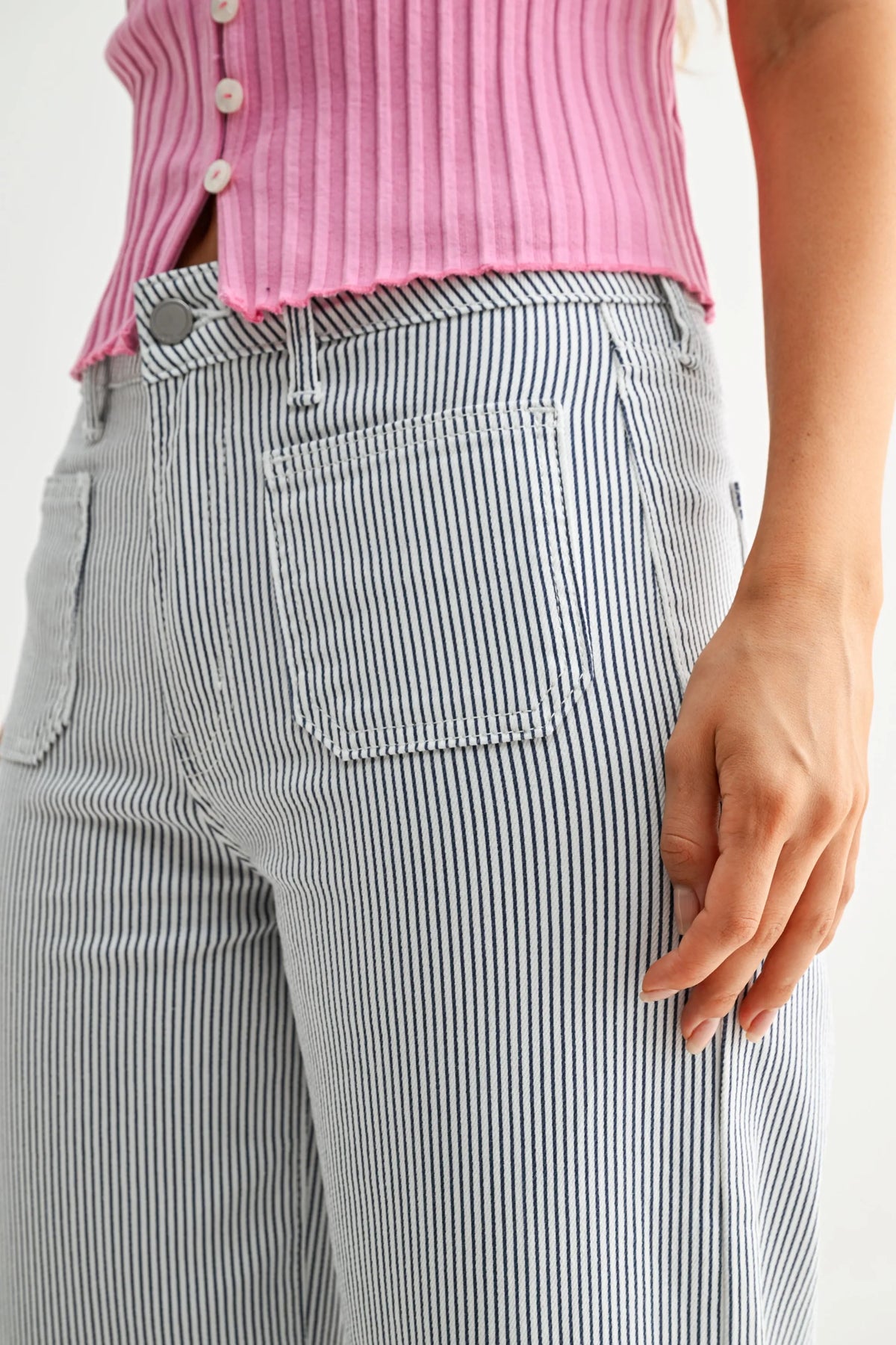 Striped denim mini patch pocket wide jeans with classic casual design in blue for everyday wear