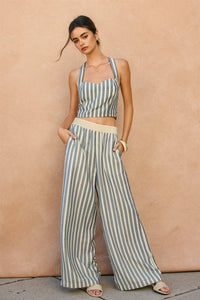 Striped linen wide leg pants and matching crop top featuring blue-gray and off-white stripe print waist detail