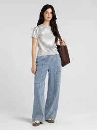 Thread and Supply Annie Tee striped t shirt top with slim fitting cut and classic crew neck in white and navy blue
