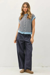Mini striped piper sleeveless knit cardigan in navy and light blue with button closure and striped piper button design
