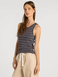 Striped sleeveless edlin basic tank in navy beige and thin orange lines perfect for casual summer wear