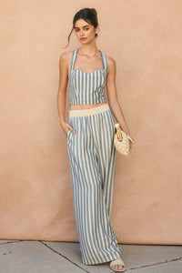 Striped two-piece outfit with stripe print waist detail wide leg pants in light blue and white vertical stripes