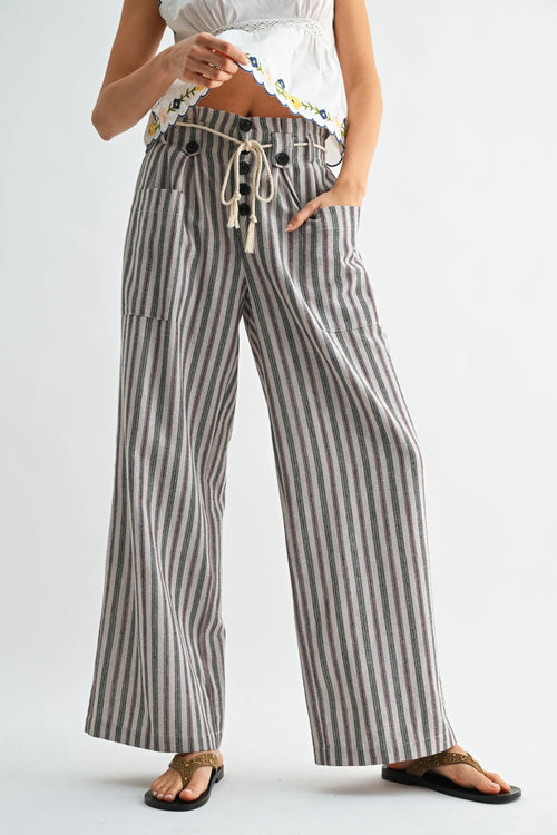 STRIPED WIDE LEG LINEN BLEND PANTS