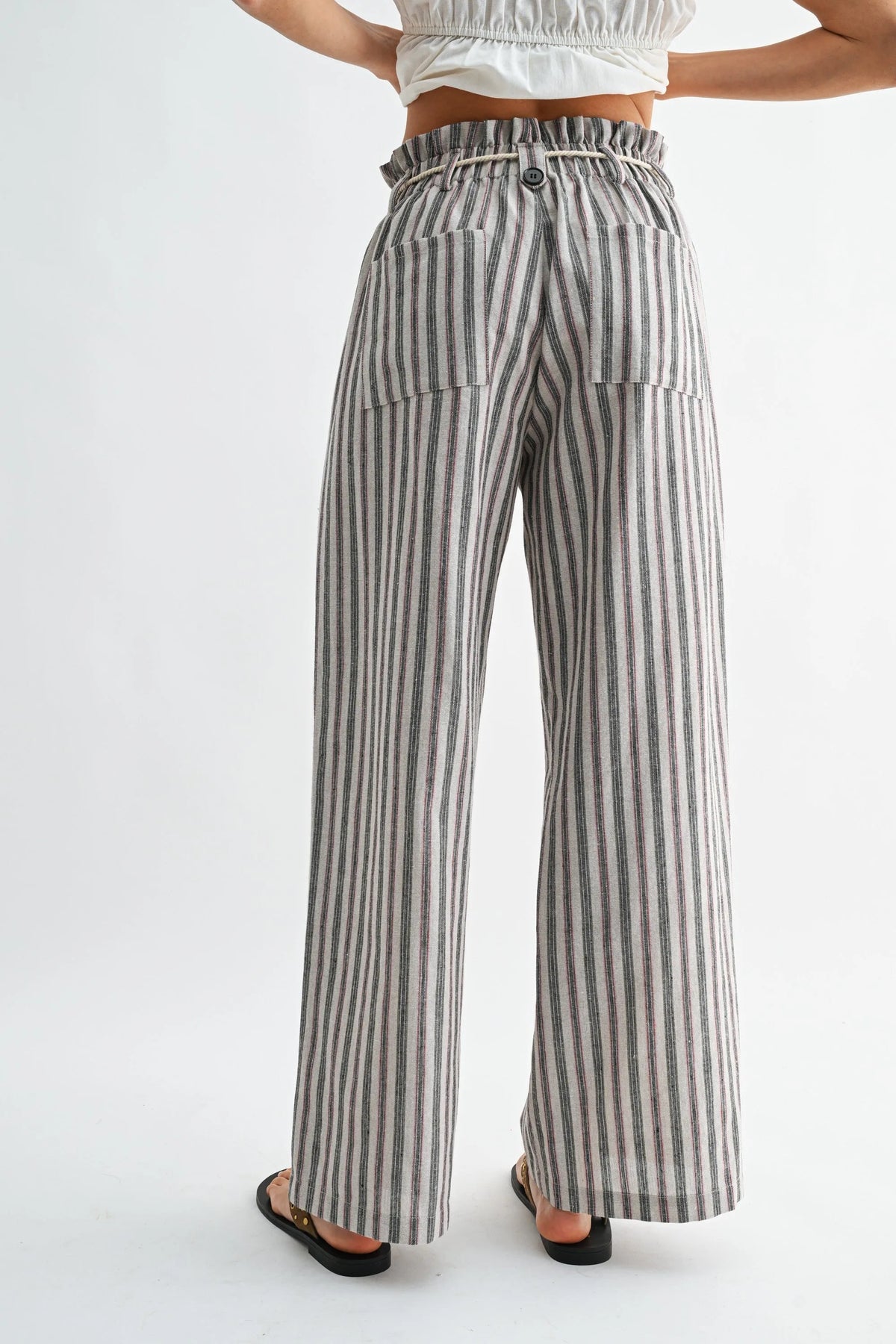 STRIPED WIDE LEG LINEN BLEND PANTS