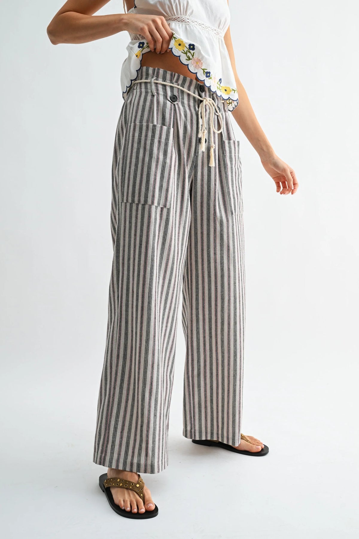 STRIPED WIDE LEG LINEN BLEND PANTS