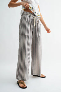 STRIPED WIDE LEG LINEN BLEND PANTS