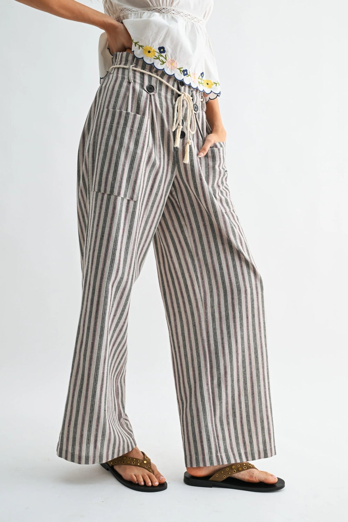 STRIPED WIDE LEG LINEN BLEND PANTS