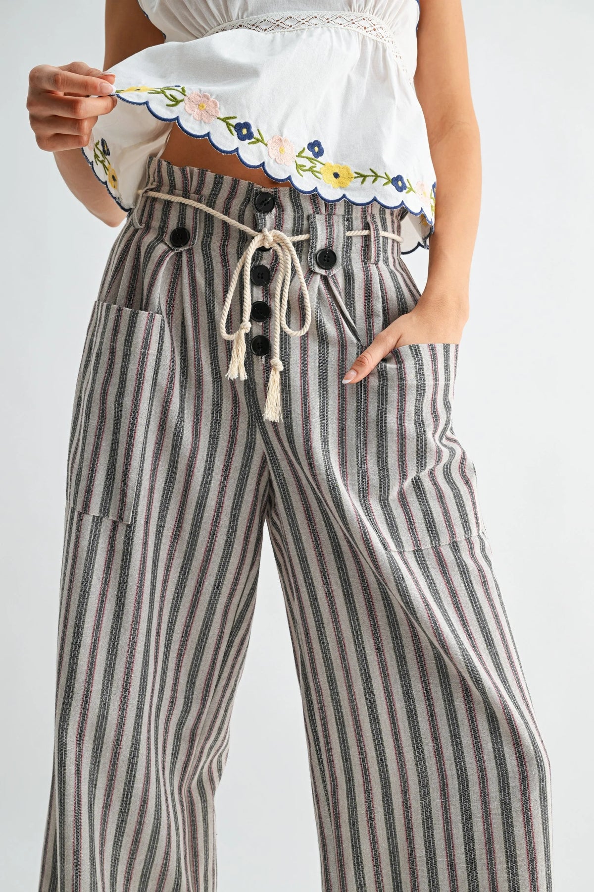 STRIPED WIDE LEG LINEN BLEND PANTS