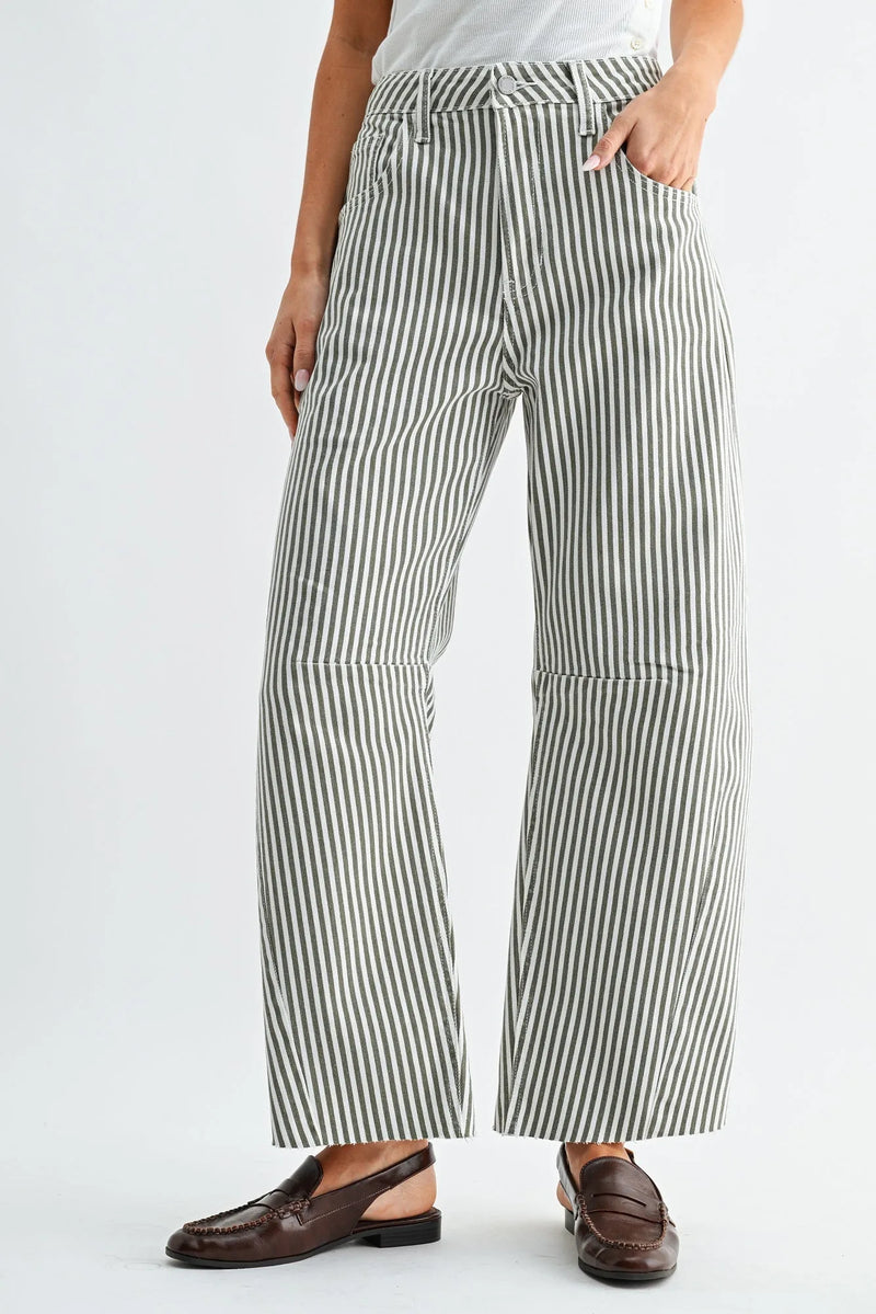 Striped wide leg denim jeans in black and white cotton with barrel silhouette and visible stitching details