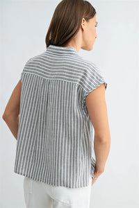 STRIPED WIDE SHOULDER BUTTON DOWN SHIRT