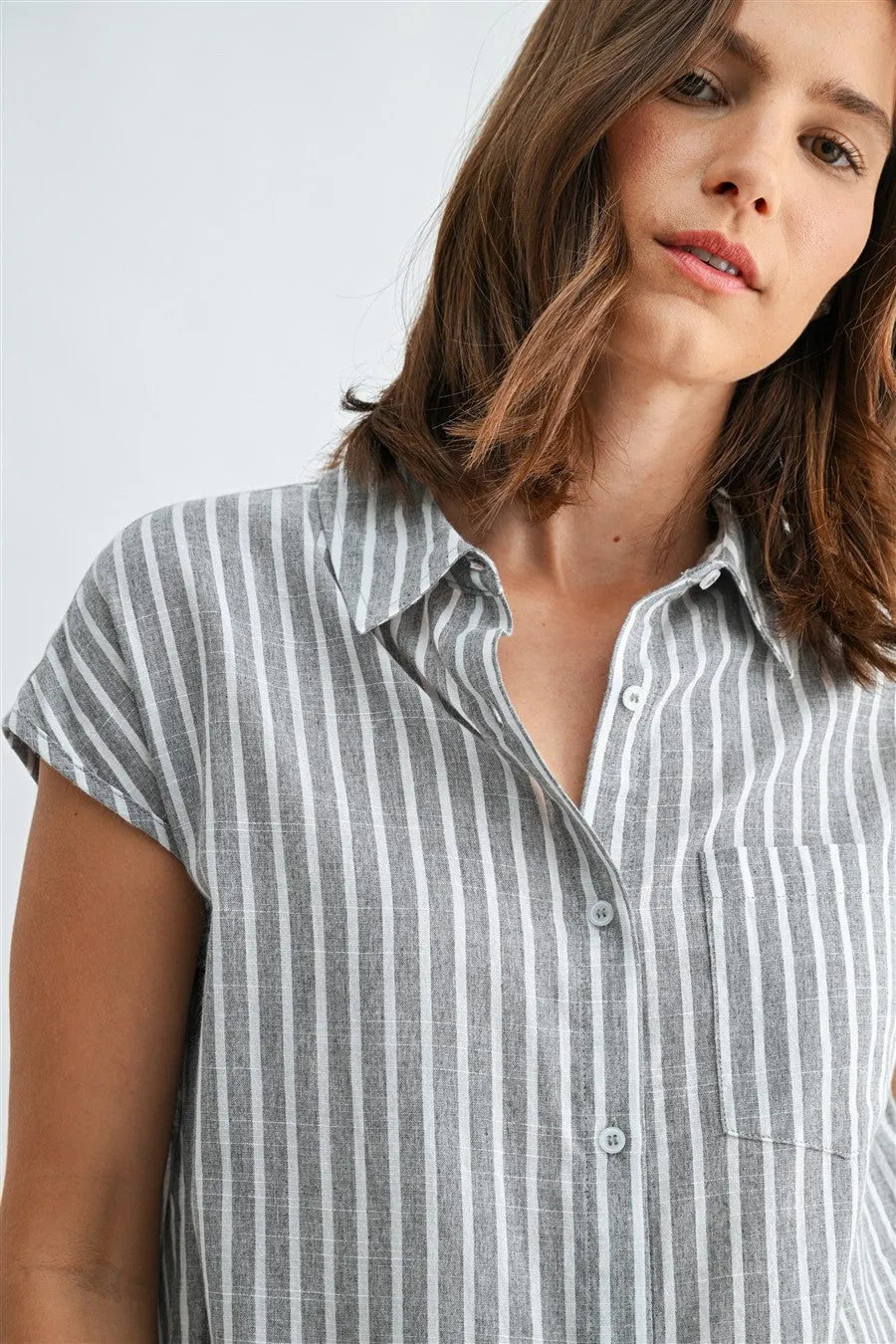 STRIPED WIDE SHOULDER BUTTON DOWN SHIRT