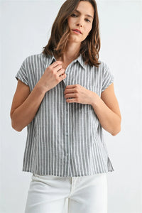 STRIPED WIDE SHOULDER BUTTON DOWN SHIRT