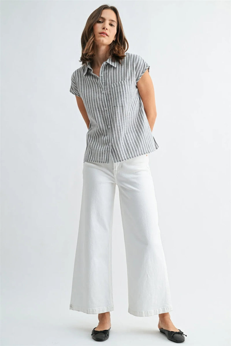 STRIPED WIDE SHOULDER BUTTON DOWN SHIRT