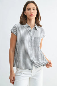 STRIPED WIDE SHOULDER BUTTON DOWN SHIRT
