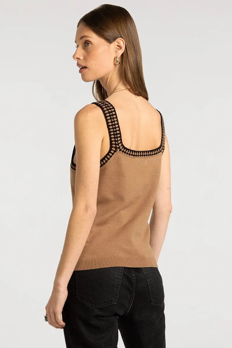 Tan knit sleeveless brittania tank with black geometric patterned trim along shoulder straps and neckline by supply brittania