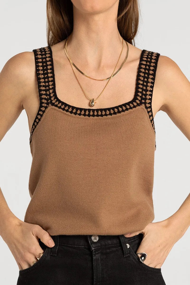 Tan knit brittania tank top with black crochet trim along straps and neckline by supply brittania