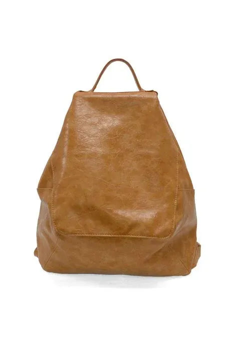 Tan leather maggie modern backpack with a minimalist design padded pocket and adjustable shoulder straps