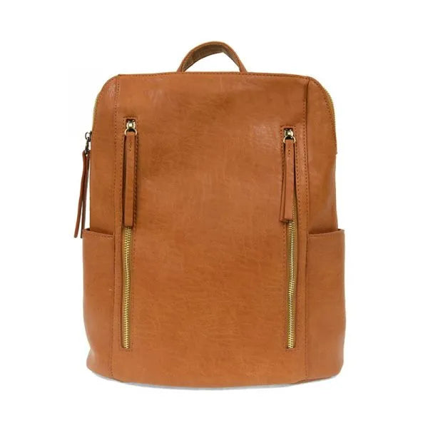Tan leather raegan double zipper backpack with gold-tone zippers and matching top handle for stylish organization