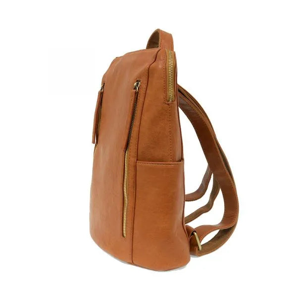 Raegan double zipper double zipper backpack in tan leather with gold-tone zippers and adjustable straps