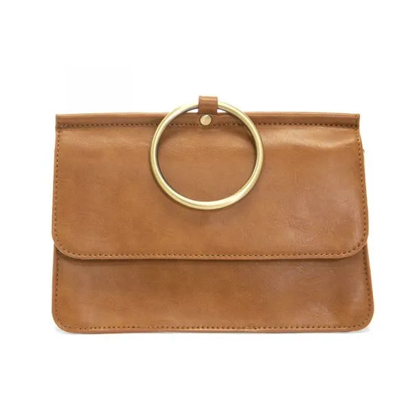 Tan leather aria ring bag clutch with gold-toned circular handle and interior zip compartments at widest point